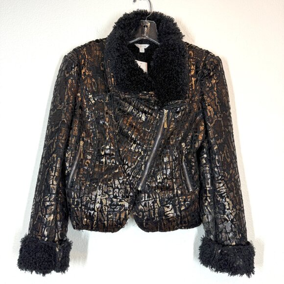 Y2K Rocker Jacket Faux Croc Pattern Black Gold Sherpa Lined Holiday Large - Picture 11 of 11